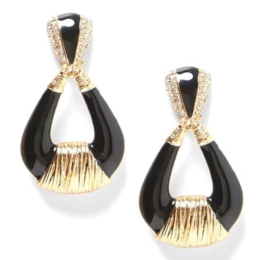PB11 Fashion Jewelry Black Clear Rhinestone Gold Tone Teardrop Earrings